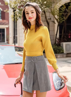 Pure Color High Neck Belted Slim Knitted Sweater