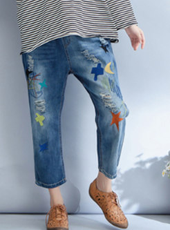Stylish Blue Star Print Straight Pants With Ripped Detailing