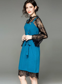 Chic Lace Perspective Dress & Sling Buttoned Belt Sweater 