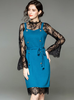 Chic Lace Perspective Dress & Sling Buttoned Belt Sweater 