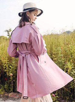 Pure Color Turn Down Collar Double-breasted Belted Trench Coat