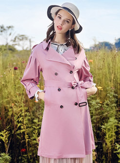 Pure Color Turn Down Collar Double-breasted Belted Trench Coat