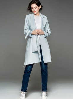 Fashion Light Blue Notched Lapel Slim Trench Coat