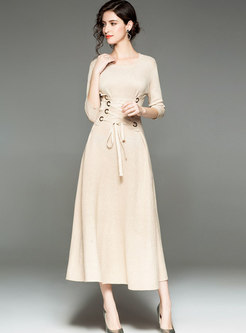 Fashionable Apricot Monochrome O-neck Knitted Maxi Dress