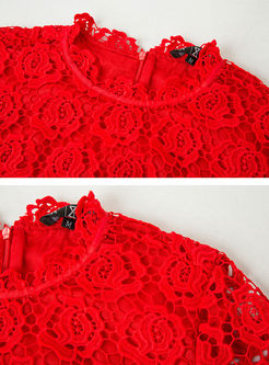 Elegant Red High Waist Hollow Out Perspective Lace Sheath Dress