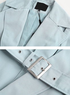 Stylish Blue Gathered Waist Pocket Straight Trench Coat