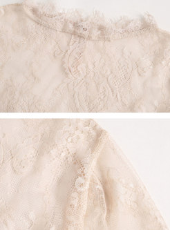 Chic Apricot Lace Perspective Dress & Sling Buttoned Belt Sweater