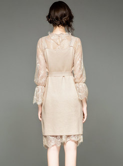 Chic Apricot Lace Perspective Dress & Sling Buttoned Belt Sweater