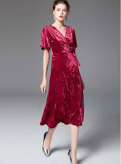 Trendy Pure Color V-neck Belted Asymmetric Slim Dress