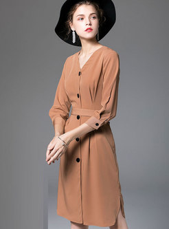 Elegant Solid Color Single-breasted V-neck Belted Slit Dress