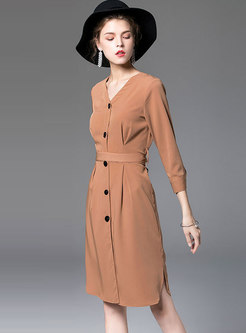 Elegant Solid Color Single-breasted V-neck Belted Slit Dress