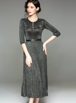 Elegant Crew-neck Three Quarters Sleeve Cinched Waist Pleated Knitted Dress