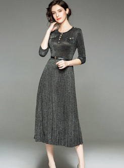 Elegant Crew-neck Three Quarters Sleeve Cinched Waist Pleated Knitted Dress