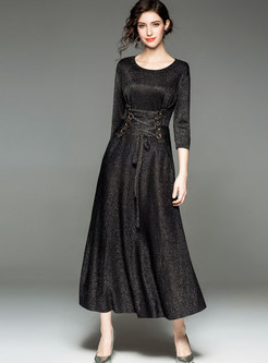 Fashionable Black Shimmer O-neck High Waist Knitted Maxi Dress