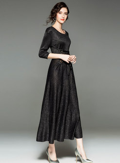 Fashionable Black Shimmer O-neck High Waist Knitted Maxi Dress