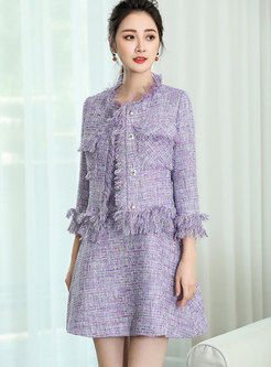 Trendy Purple Tweed Fringed Tunic & Sling Mini Dress 
