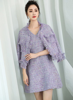 Trendy Purple Tweed Fringed Tunic & Sling Mini Dress 