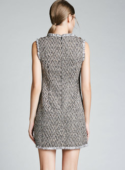 Stylish V-neck Sleeveless Tweed A Line Dress With Zipper-back