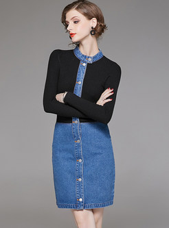 Fashion Denim Splicing Knitted Single-breasted Dress