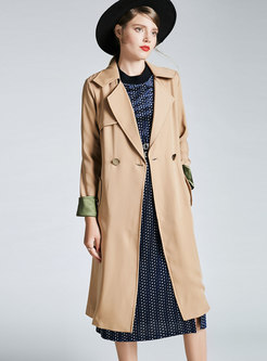 Stylish Khaki Notched Lapel Buttoned Trench Coat With Pockets
