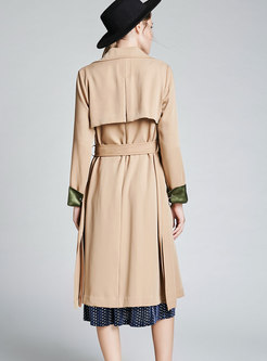 Stylish Khaki Notched Lapel Buttoned Trench Coat With Pockets