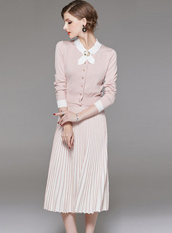 Pink Single-breasted Waist Top & Pleated Slim Skirt