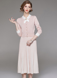 Pink Single-breasted Waist Top & Pleated Slim Skirt
