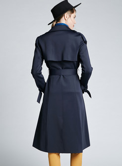 Elegant Navy Blue Notched Lapel Tie-waist All-matched Coat