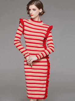 Stylish Striped Flouncing Slim Knitted Sheath Dress