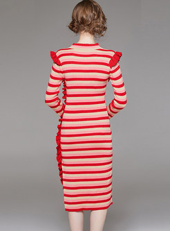Stylish Striped Flouncing Slim Knitted Sheath Dress