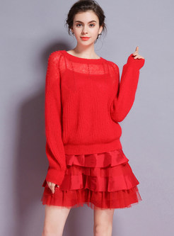 Stylish O-neck Beaded Sweater & Sling Multi-layer Dress