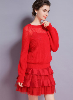 Stylish O-neck Beaded Sweater & Sling Multi-layer Dress