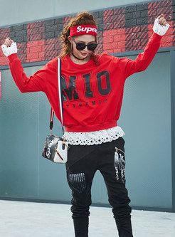 Casual Color-blocked Splicing Hollow Out Print Sweatshirt