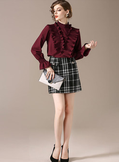 Standing Collar Flare Sleeve Blouse & Plaid Tweed skirt