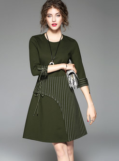 Brief Green Three Quarters Sleeve Striped Patchwork Dress