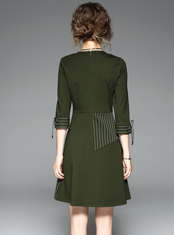 Brief Green Three Quarters Sleeve Striped Patchwork Dress