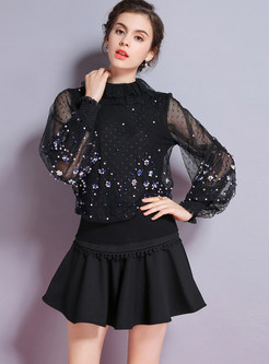 Ruffled Neck Beaded Mesh Splicing Knitted Blouse