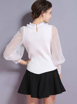 Pure Color Mesh Lantern Sleeve Stitching Lace Knitted Top