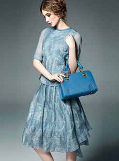Stylish Distressed Blue Semi-sheer Top & Asymmetric Hem Silk Skirt