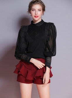 Black Beaded Perspective Lantern Sleeve Splicing Knitted Top