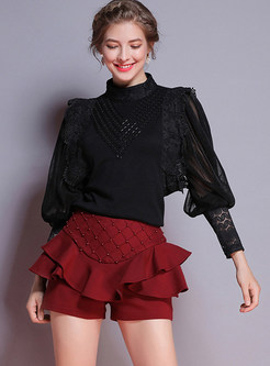 Black Beaded Perspective Lantern Sleeve Splicing Knitted Top
