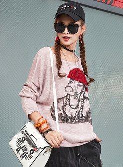 Cartoon Print Drilling O-neck Loose Knitted Sweater