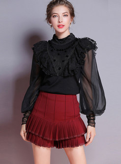 Standing Collar Sequined Lace Flouncing Knitted Blouse