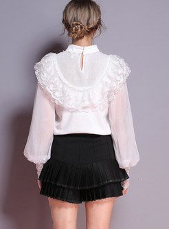 White Mesh Splicing Sequined Lace Flouncing Knitted Blouse