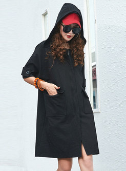 Pure Color Hooded Three Quarters Sleeve Zippered Loose Coat