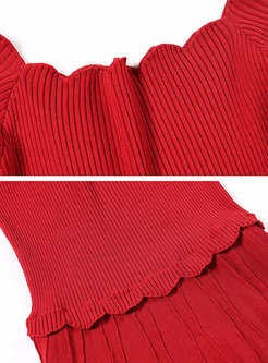 Sexy Red Slash Neck Off Shoulder Flare Sleeve Scalloped Dress