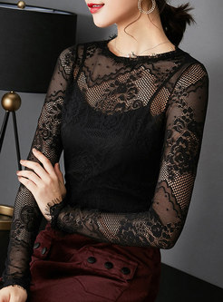 Fashion Black Guipure Lace Hollow Out Perspective Top 