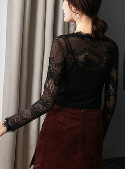 Fashion Black Guipure Lace Hollow Out Perspective Top 