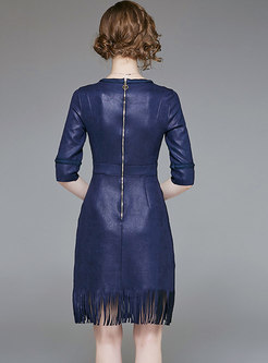 PU Brief Deep Blue High Waist Midi Dress With Tied Tassel