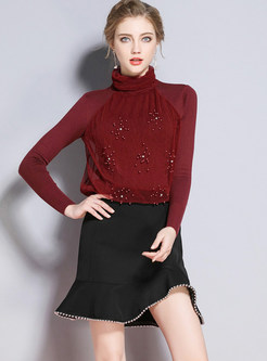 Solid Color Turtle Neck Beaded Mesh Stitching Sweater